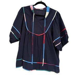 Cicy Bell Boho Peasant Blouse Navy Cotton Puff Sleeve Color Trim XL